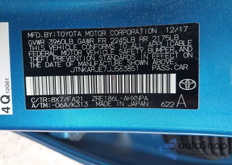 2018 Toyota Corolla Im из США, поврежденный, VIN JTNKARJE7JJ563851